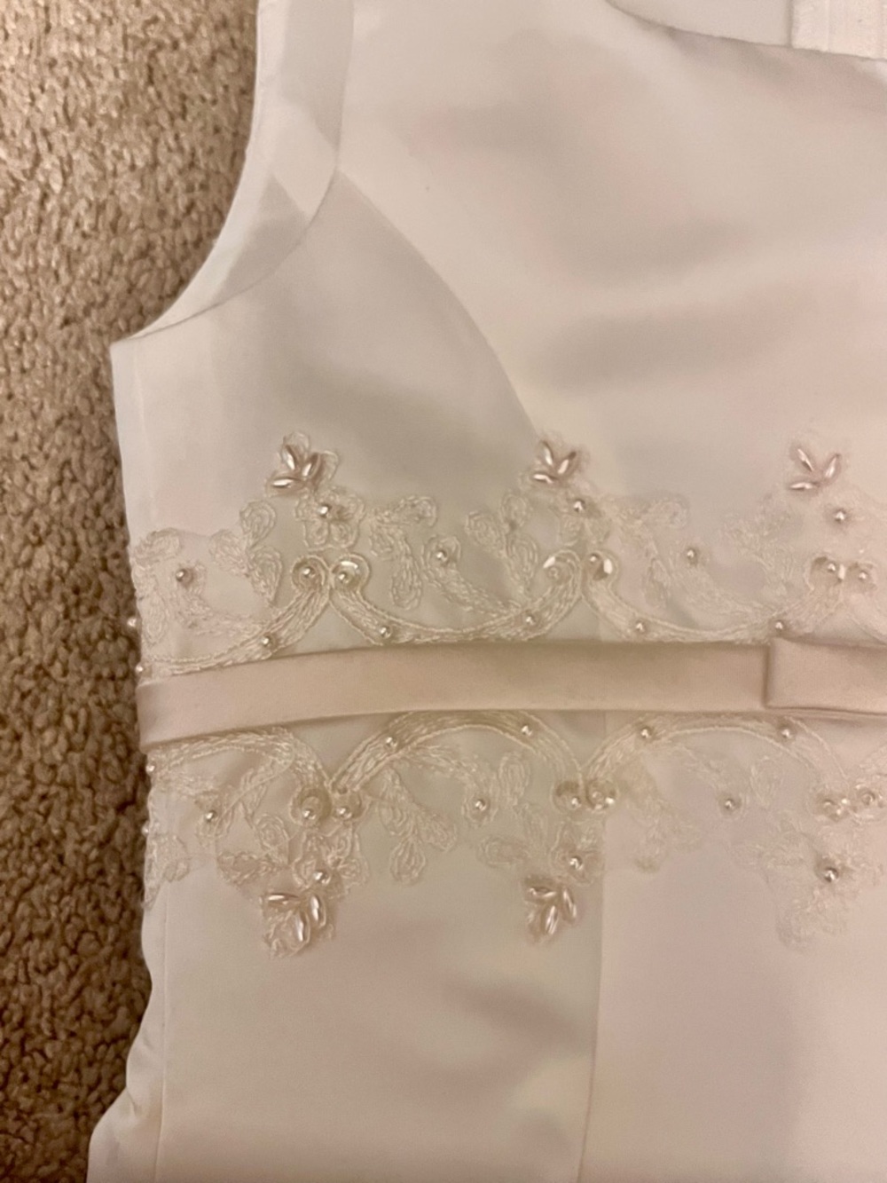 David's Bridal Ivory Satin Girls Formal Dress with Floral Waistband and Bow - Picture 3 of 8